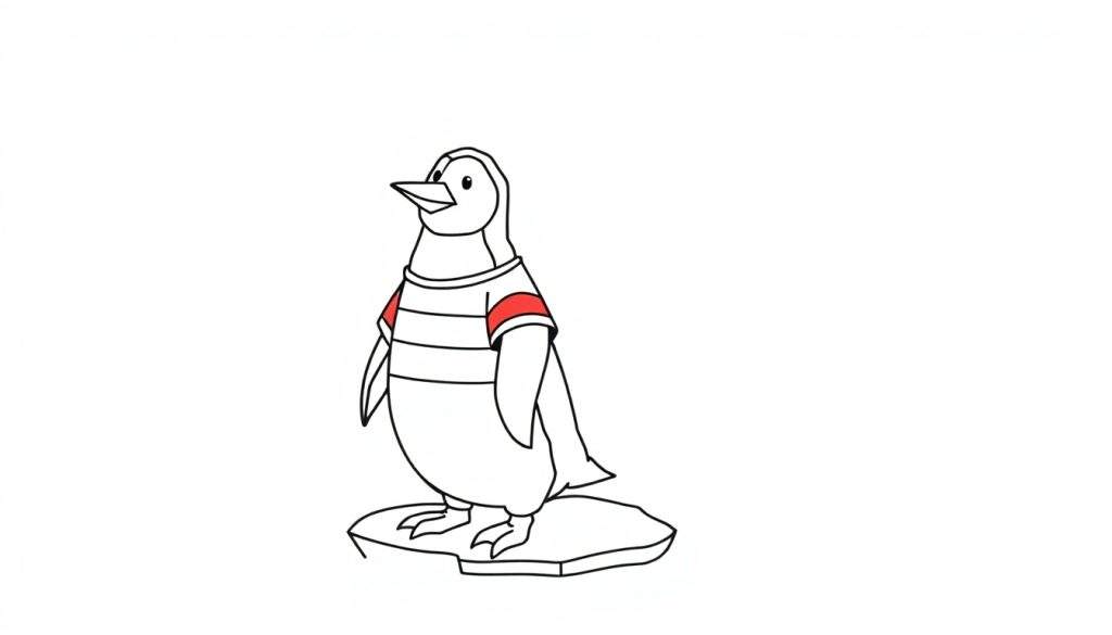 Een getekende, zwart-witte pinguïn met een lange snavel, die een rood gestreept t-shirt met korte mouwen draagt, staand op een stuk ijs.