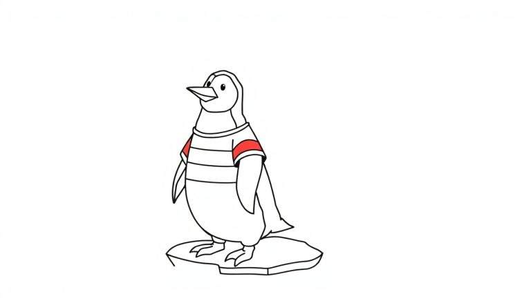 Een getekende, zwart-witte pinguïn met een lange snavel, die een rood gestreept t-shirt met korte mouwen draagt, staand op een stuk ijs.