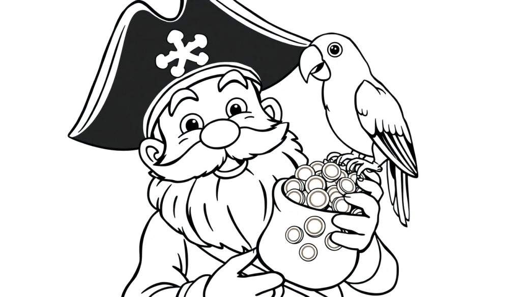 Zwart-witte kleurplaat van een piraat met baard, hoed en een zak vol goud, met een papegaai erop.