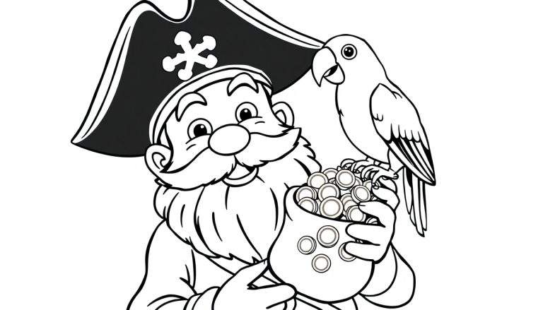 Zwart-witte kleurplaat van een piraat met baard, hoed en een zak vol goud, met een papegaai erop.