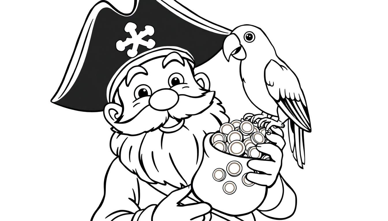 Zwart-witte kleurplaat van een piraat met baard, hoed en een zak vol goud, met een papegaai erop.
