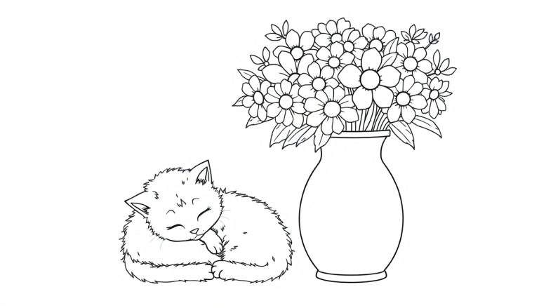 Kleurplaat van een slapende poes naast een bloemenvaas.