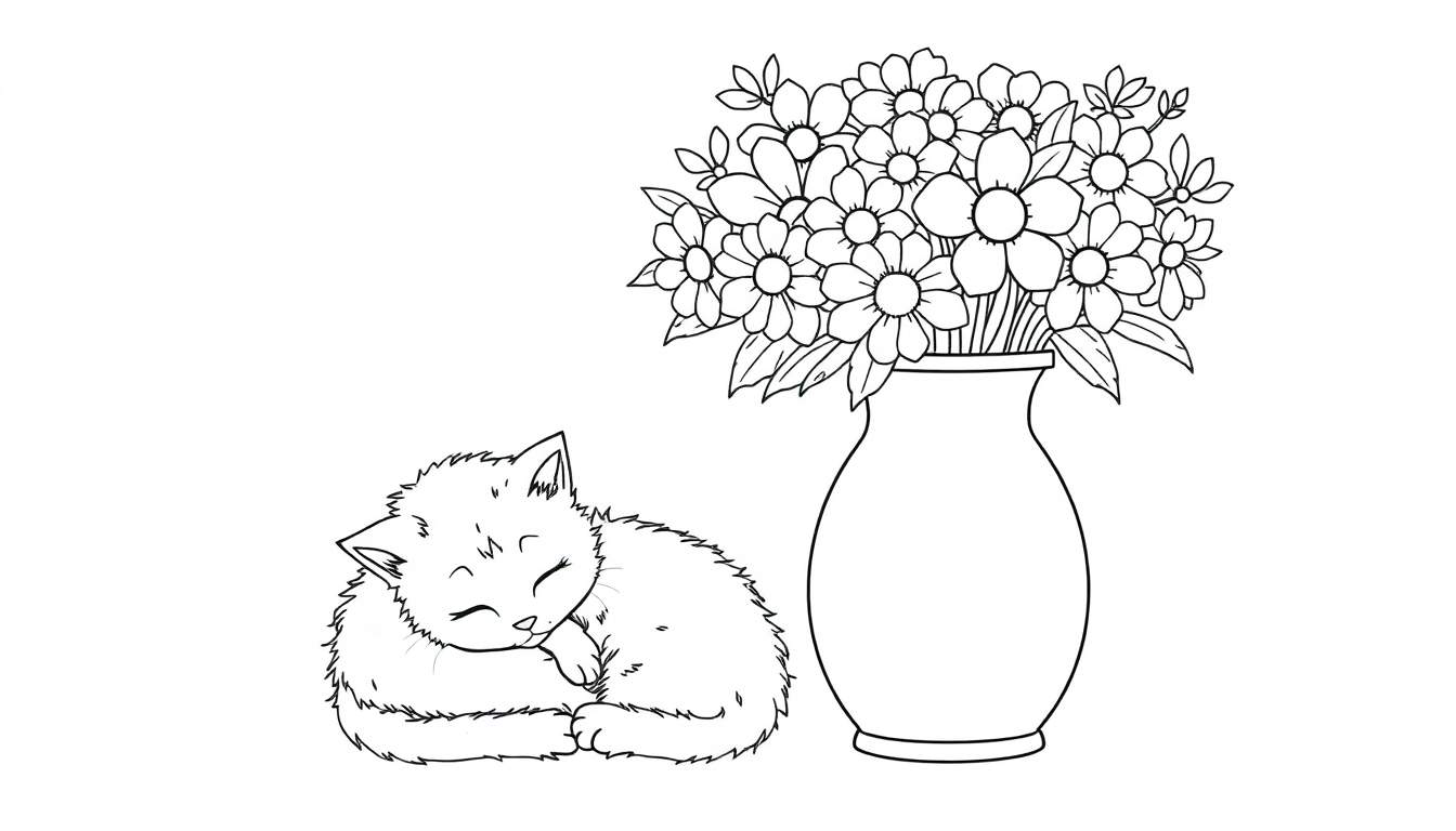 Kleurplaat van een slapende poes naast een bloemenvaas.