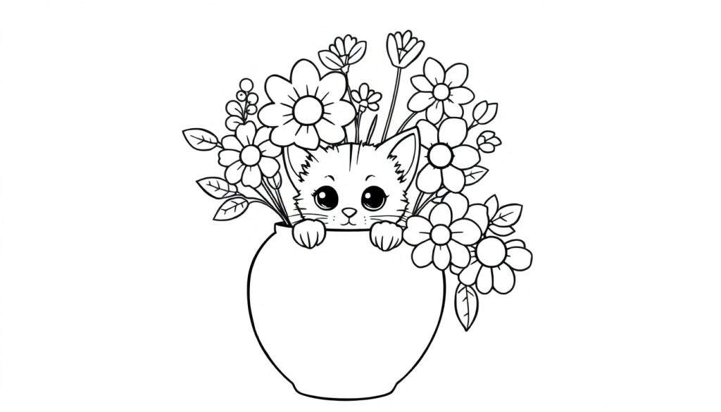 Zwart-witte kleurplaat van een schattig katje in een bloemenvaas.