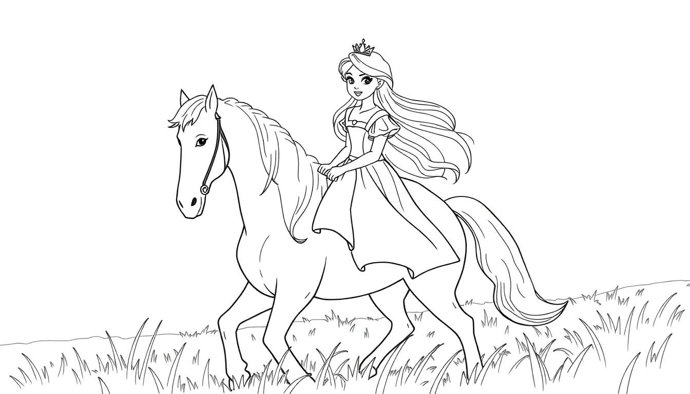 Kleurplaat van een prinses met lang haar op een paard.