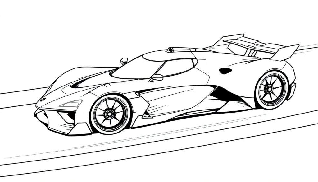 Kleurplaat van een snelle sportauto op een weg.
