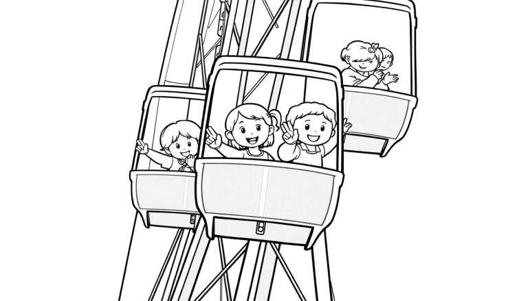 Een zwart-wit kleurplaat van een reuzenrad met zwaaiende kinderen in de bakjes.