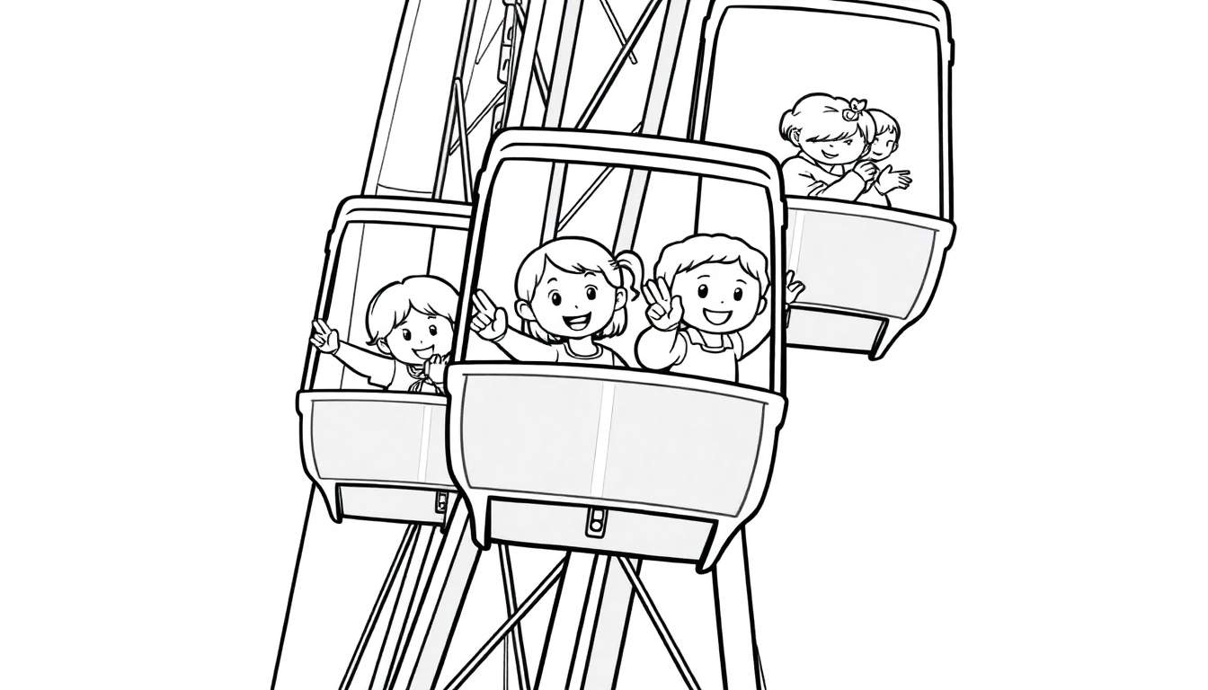 Een zwart-wit kleurplaat van een reuzenrad met zwaaiende kinderen in de bakjes.