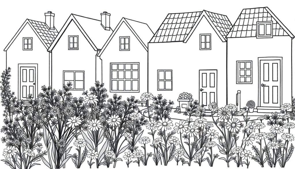Kleurplaat van rijtjes huizen met bloemen
