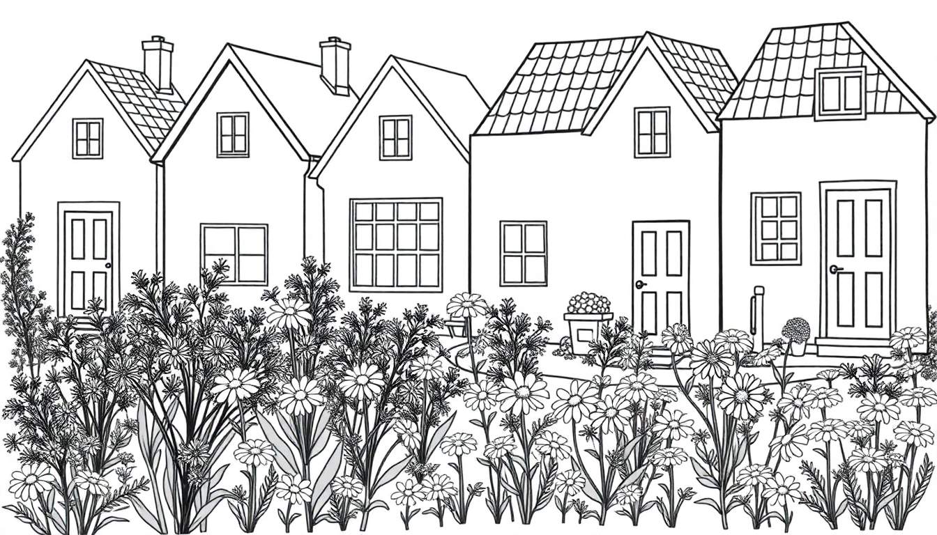 Kleurplaat van rijtjes huizen met bloemen