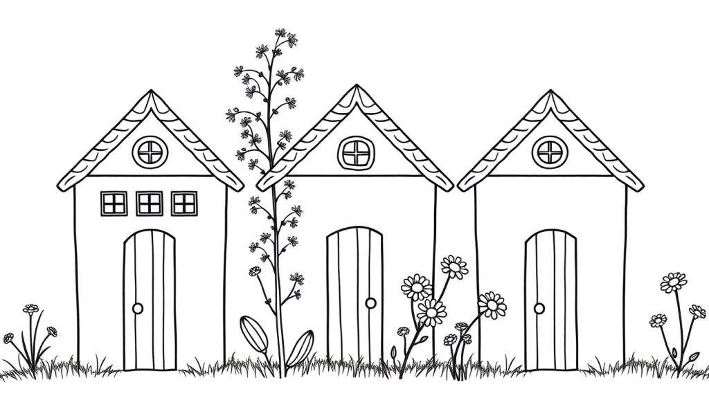 Kleurplaat van drie huisjes in het gras met bloemen.