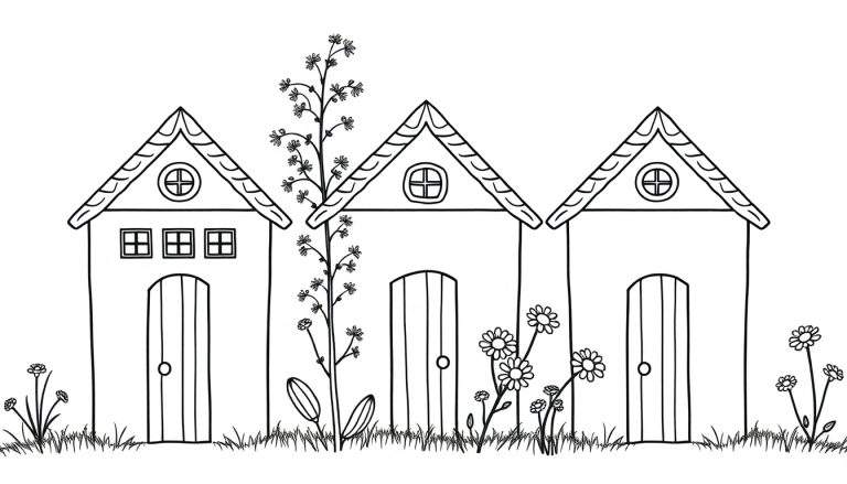 Kleurplaat van drie huisjes in het gras met bloemen.