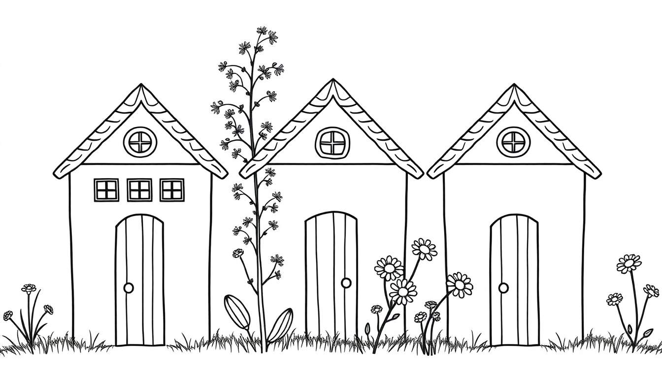 Kleurplaat van drie huisjes in het gras met bloemen.