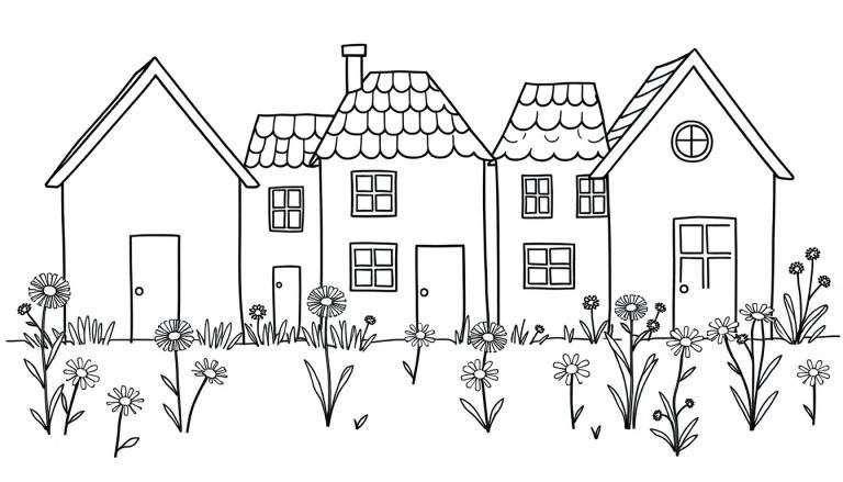 Zwart-wit kleurplaat van rijtjes huizen met bloemen en gras.