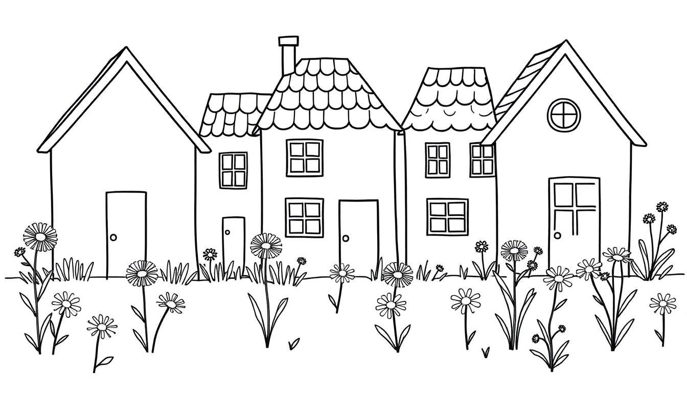 Zwart-wit kleurplaat van rijtjes huizen met bloemen en gras.