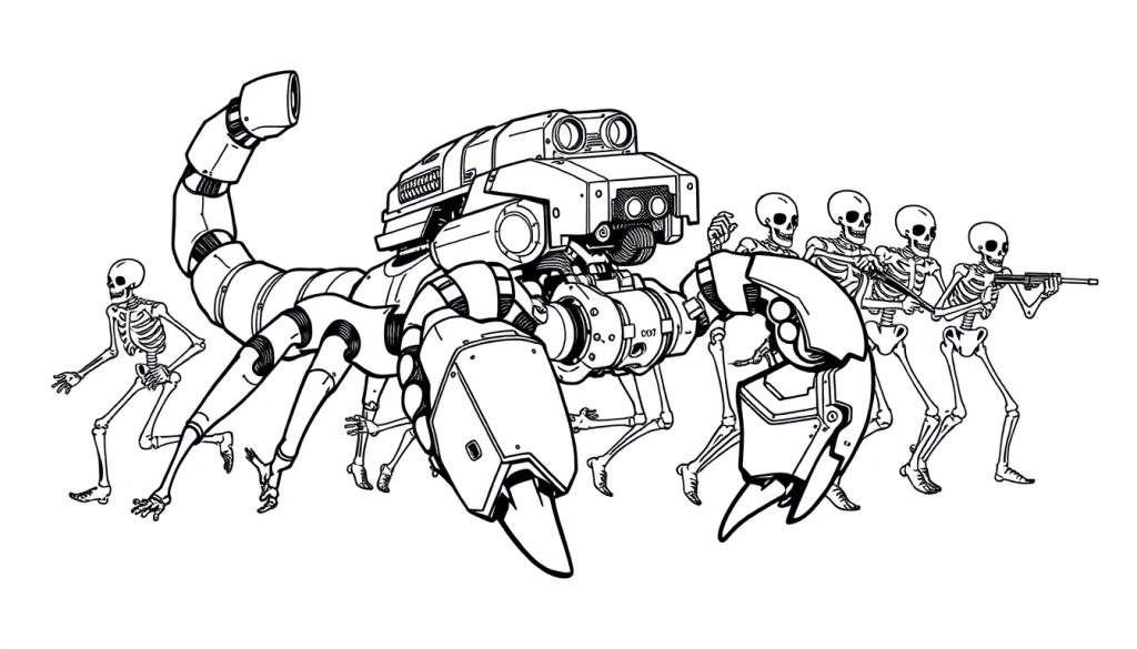 Kleurplaat van een mechanische schorpioenrobot met een leger skeletten.