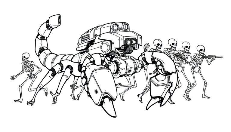 Kleurplaat van een mechanische schorpioenrobot met een leger skeletten.
