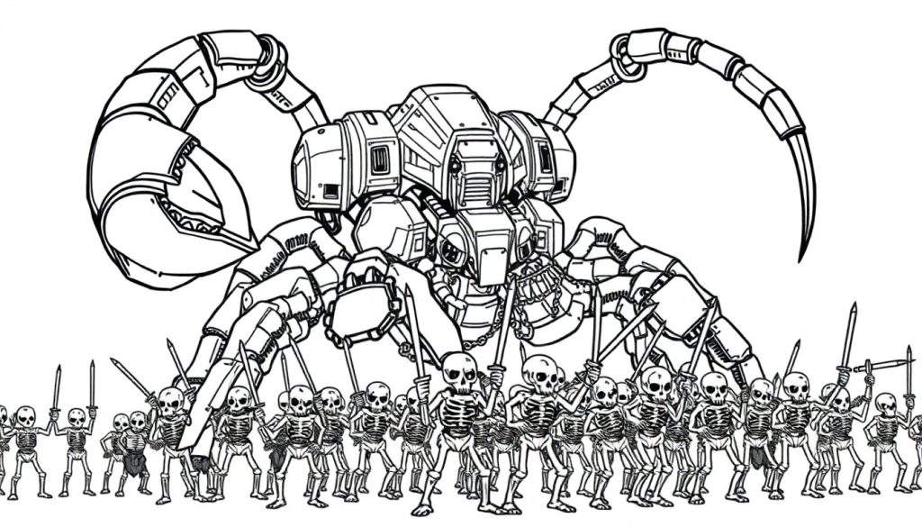 Kleurplaat van een robot spin met skeletten.