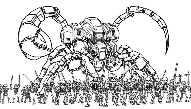 Kleurplaat van een robot spin met skeletten.