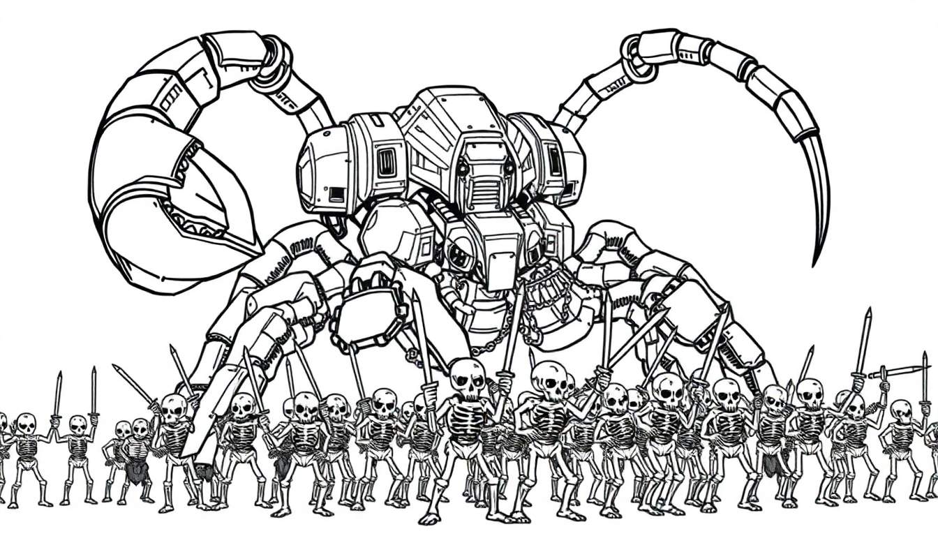 Kleurplaat van een robot spin met skeletten.