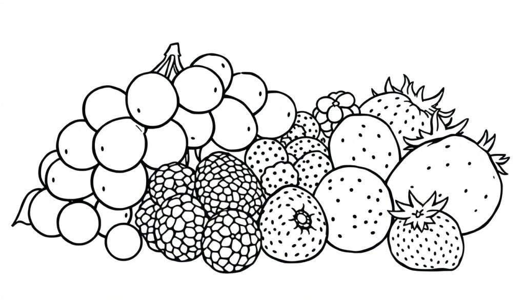 Zwart-wit lijntekening van fruit zoals druiven, bramen en aardbeien, perfect als kleurplaat.