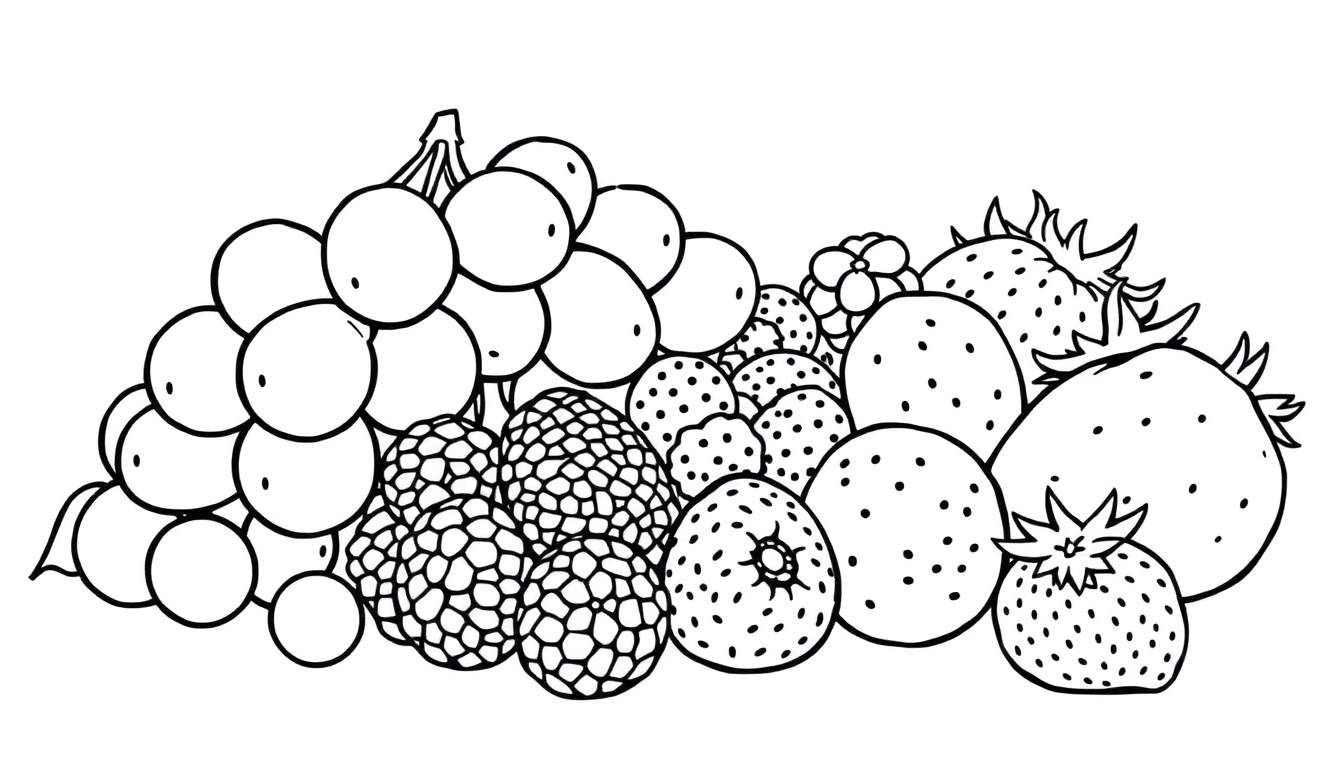 Zwart-wit lijntekening van fruit zoals druiven, bramen en aardbeien, perfect als kleurplaat.