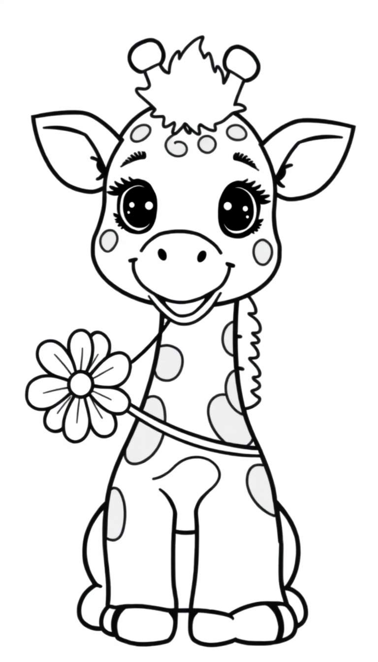 Zwart-wit kleurplaat van een schattige, cartoonachtige giraffe met een bloem.
