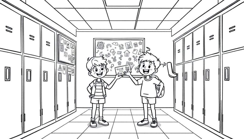 Zwart-witte kleurplaat van twee jongens in een schoolgang met lockers, die kaarten vasthouden waarop 'DRIVE' staat.