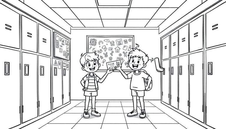 Zwart-witte kleurplaat van twee jongens in een schoolgang met lockers, die kaarten vasthouden waarop 'DRIVE' staat.