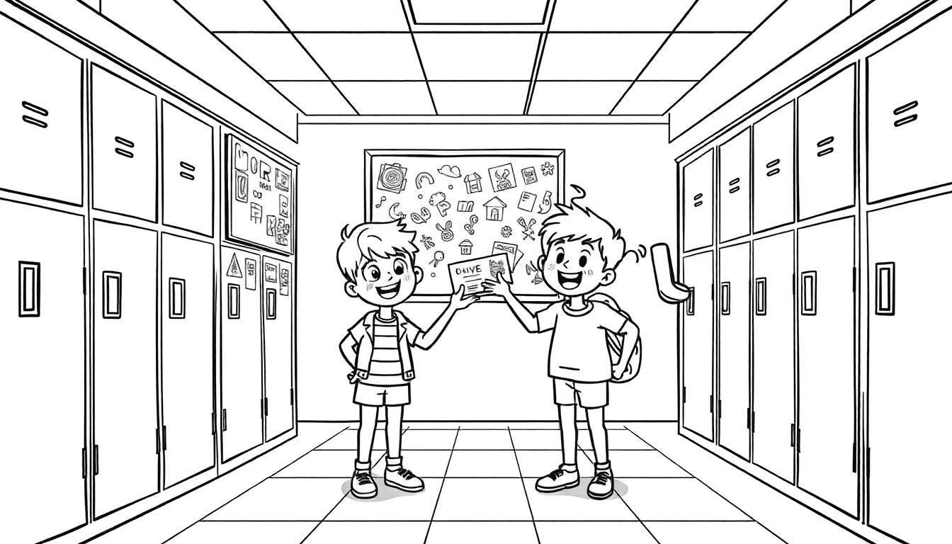 Zwart-witte kleurplaat van twee jongens in een schoolgang met lockers, die kaarten vasthouden waarop 'DRIVE' staat.