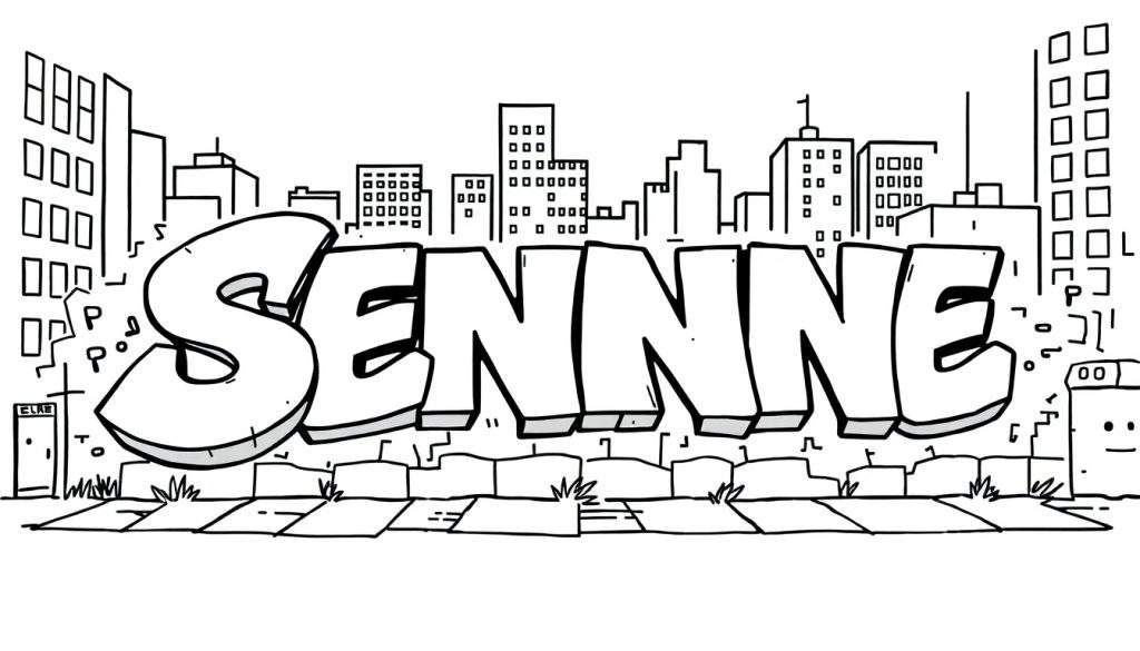 Kleurplaat van de naam Senne in graffiti stijl met een stadse achtergrond.