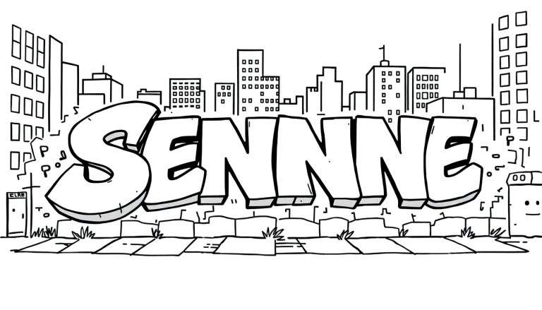 Kleurplaat van de naam Senne in graffiti stijl met een stadse achtergrond.