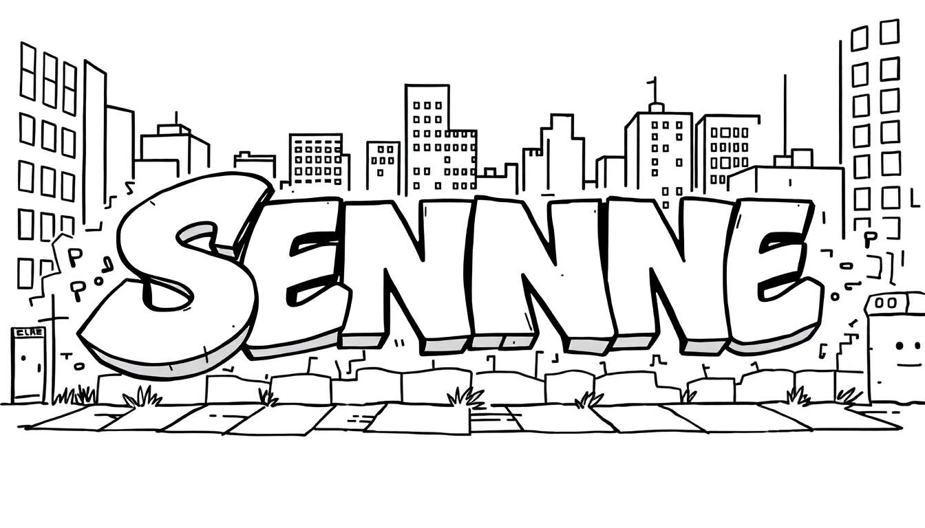 Kleurplaat van de naam Senne in graffiti stijl met een stadse achtergrond.