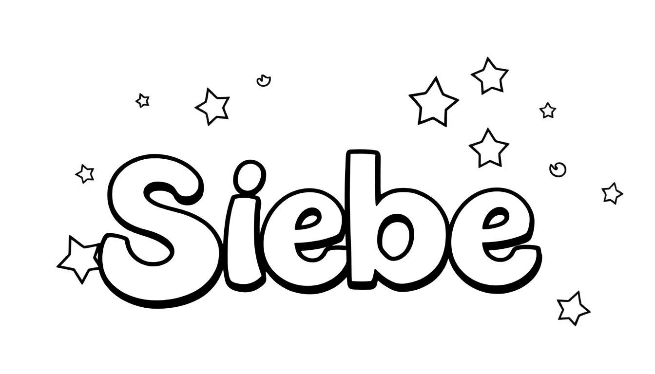 Zwart-wit kleurplaat illustratie van de naam 'Siebe' in een speels, dik lettertype met 3D-effect, omringd door sterren en krullen.