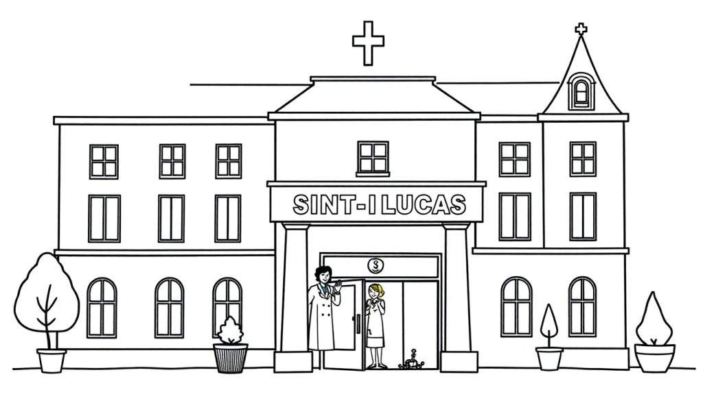 Kleurplaat van het Sint-Lucas ziekenhuis met een kruis op het dak.