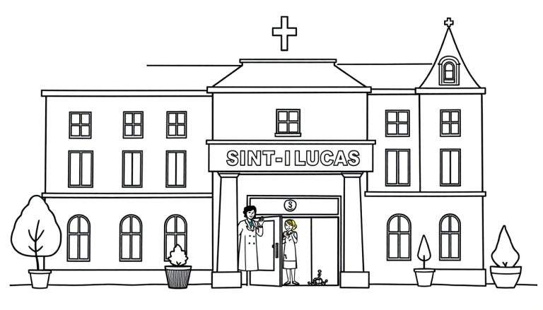 Kleurplaat van het Sint-Lucas ziekenhuis met een kruis op het dak.