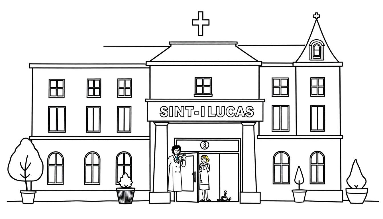 Kleurplaat van het Sint-Lucas ziekenhuis met een kruis op het dak.