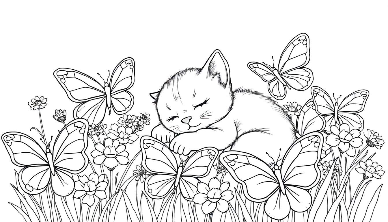 Zwart-wit kleurplaat van een slapend katje omringd door bloemen en vlinders.