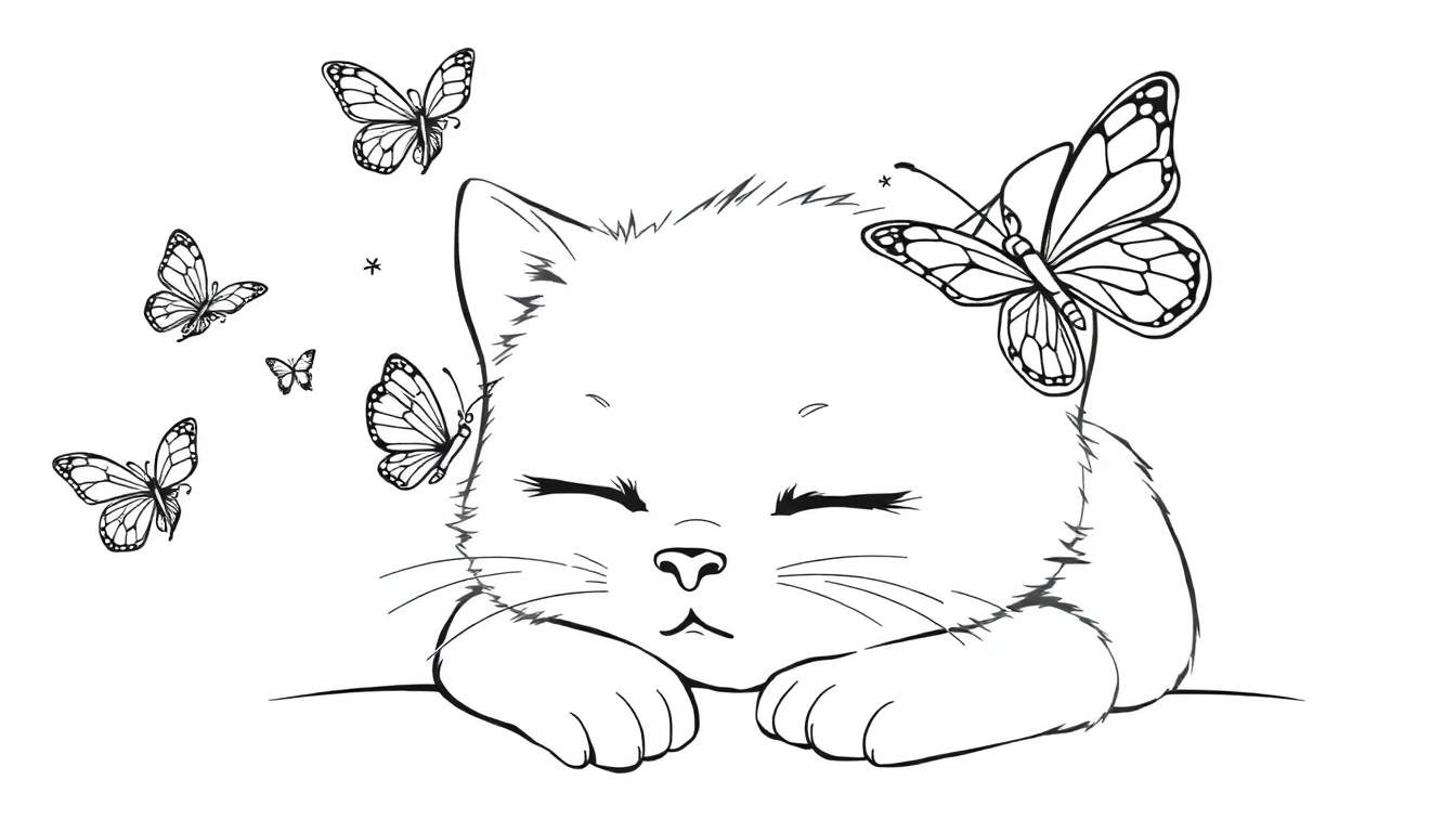Zwart-wit kleurplaat van een slapende kat met vlinders.