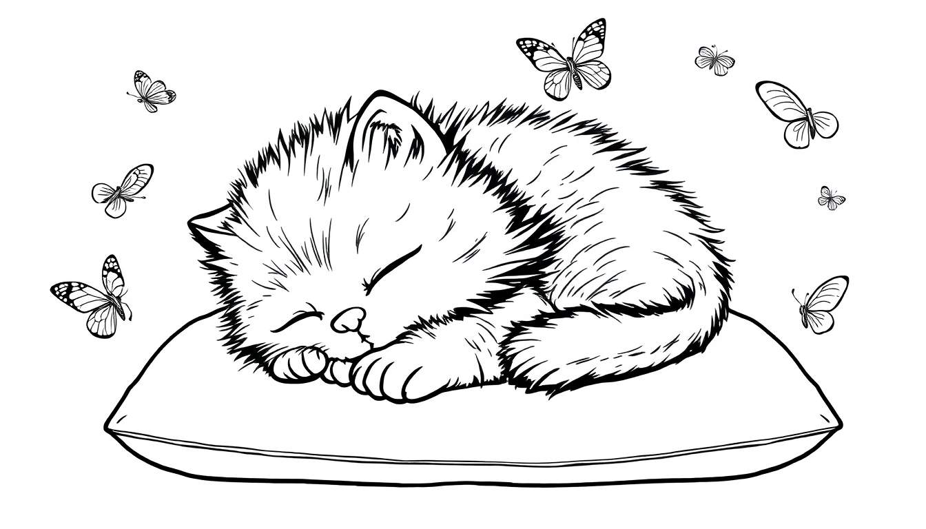 Kleurplaat van een slapend poesje met vlinders