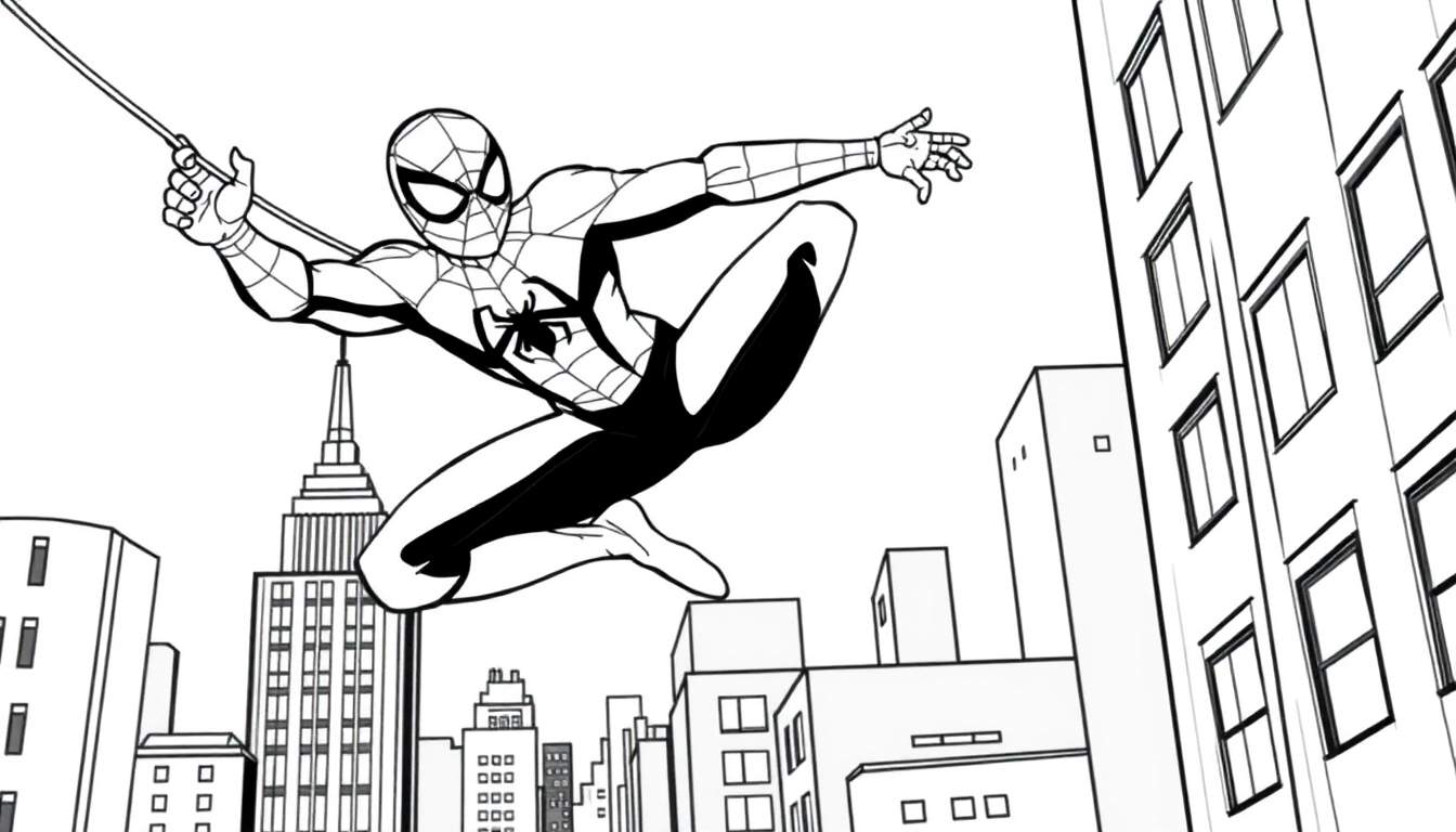 Kleurplaat van Spider-Man die door een stad zwaait