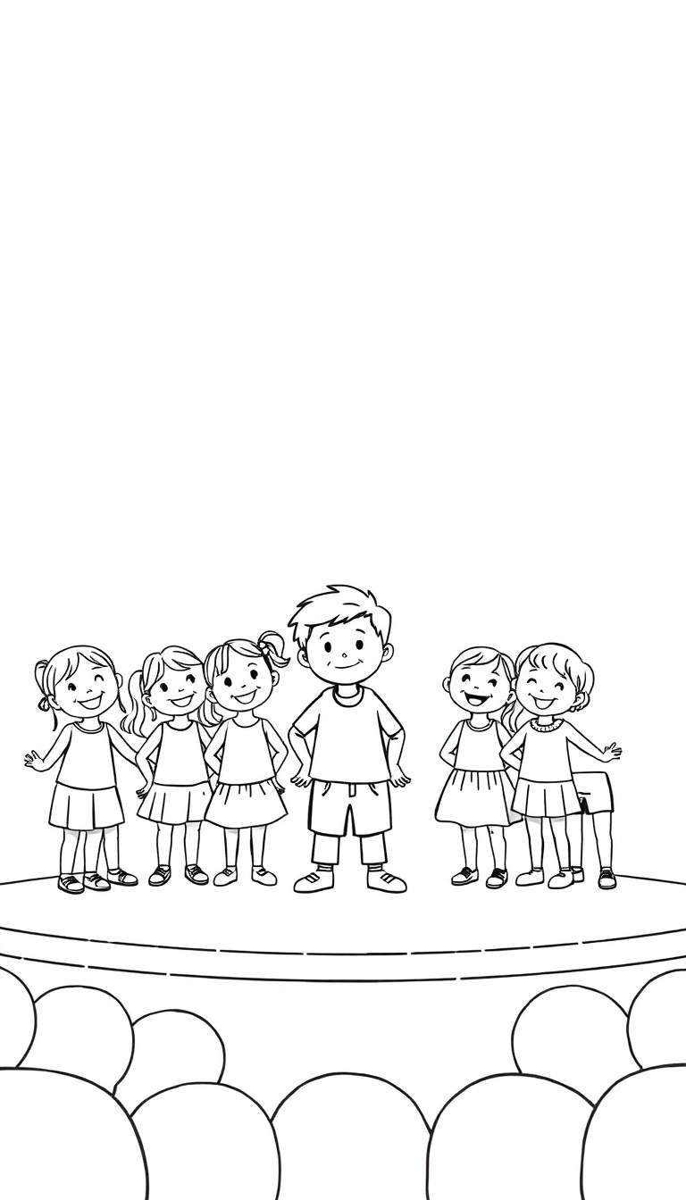 Kleurplaat: kinderen op een podium in de spotlight.