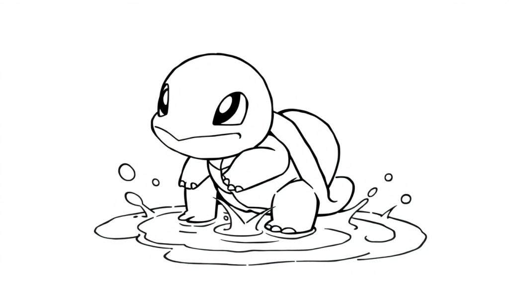 Kleurplaat van een blije Squirtle die in het water staat.