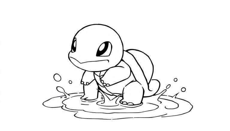 Kleurplaat van een blije Squirtle die in het water staat.