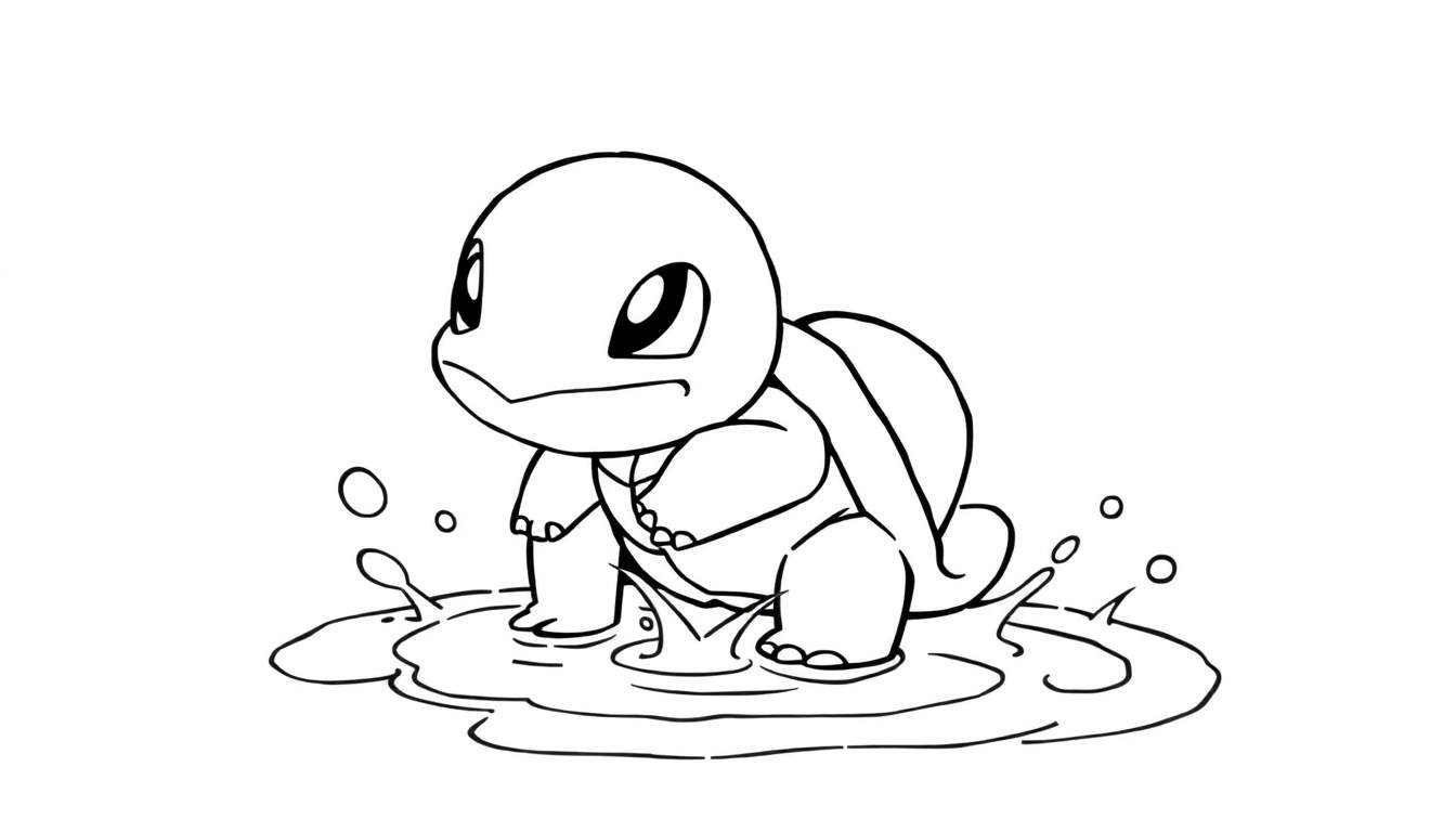 Kleurplaat van een blije Squirtle die in het water staat.