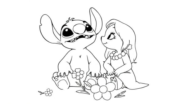 Kleurplaat van Stitch die knuffelt met een meisje omringd door bloemen.