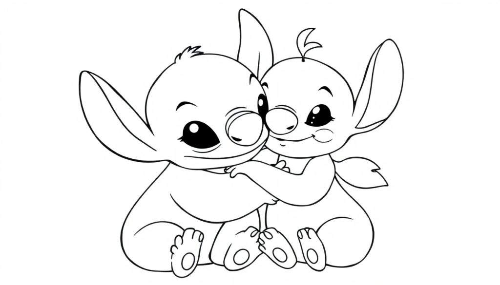 Kleurplaat van Stitch en Angel die elkaar knuffelen.