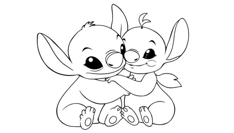 Kleurplaat van Stitch en Angel die elkaar knuffelen.