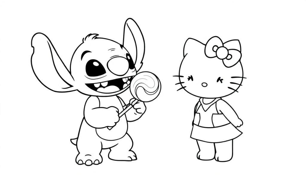 Een zwart-witte kleurplaat van Stitch die een lolly aan Hello Kitty geeft.