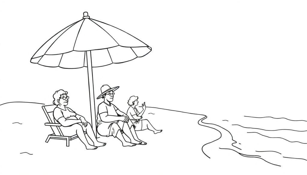 Een kleurplaat van drie oude mensen die genieten op het strand onder een parasol.